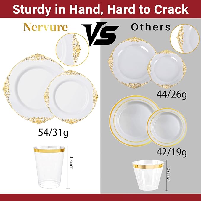 Nervure 350PCS Gold Plastic Plates - Gold Plastic Dinnerware Sets for 50 Guests - 100 Disposable Plates, 150 Silverware, 50 Cups, 50 Napkins for Wedding & Party & Thanksgiving