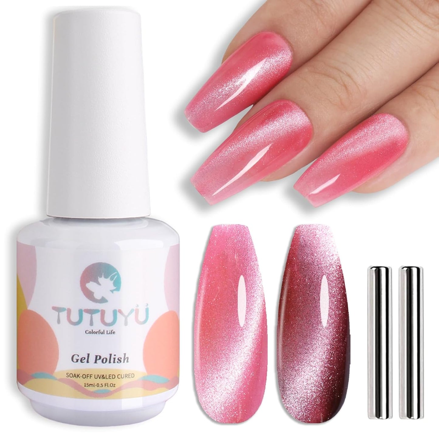 Coral Pink Cat Eye Gel Nail Polish,Crystal Holographic Magnetic Cateye Gel Polish, Pink Color Gel Silver Shimmer Velvet Soak Off Uv Led Home Diy Manicure- GP0083-BrightBean Baby