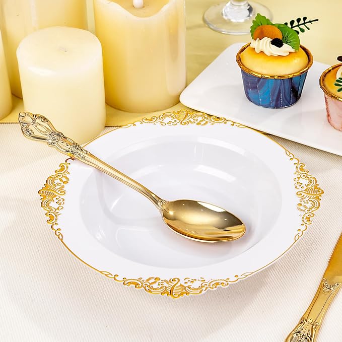 100PCS Gold Plastic Bowls - 12 oz White Disposable Salad Bowls - Heavy Duty Soup Serving Bowl - Fancy Plastic Ice Cream Bowl for Christmas,Thanksgiving Parties, Dinners, Catering, Picnics