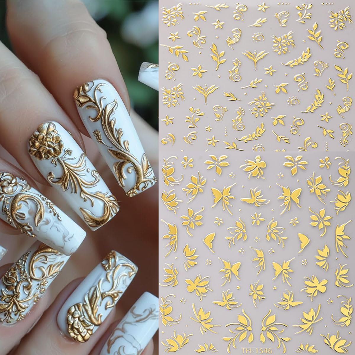 6 Sheets Gold Nail Art Stickers 3D Self -Adhesive Golden Flowers Leaves Nail Decals Holographic Hot Stamping Floral Nail Stickers Summer Blossom Nail Decoration for Women DIY Manicure Supplies-BrightBean Baby
