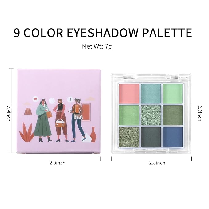 Erinde 9 Colors Eyeshadow Palette, Matte Shimmer Glitter Eye Shadow Palette Makeup, Highly Pigmented Long Lasting Waterproof, Natural Neutral Nude Eyeshadow Make Up Pallet, Blue Green-BrightBean Baby