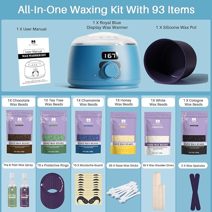 BLITZWAX Back and Nose Waxing Kit for Men, Hard Wax Warmer for Brazilian, Body and Face, At Home Hair Removal Kit, Beginner Friendly, Quick Heating, 93 Accessories, Royal Blue-BrightBean Baby