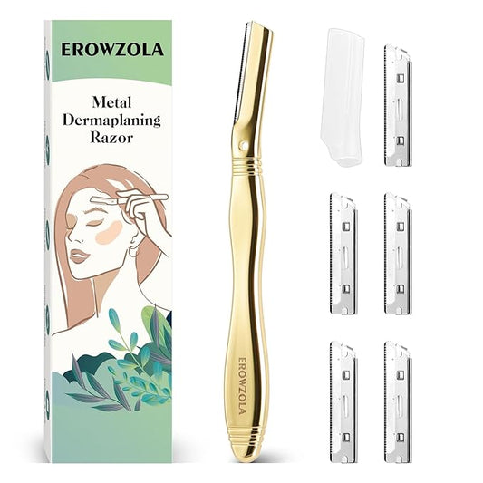 Dermaplane Razor for Women Face with 6 Refill Blades, Dermaplaning Tool Face Razors for Removes Facial Hair, Peach Fuzz, Reusable Metal Handle Eyebrow Razor (Royal Gold)