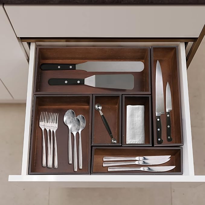 Bamboo Drawer Organizer - Kitchen Utensil Organizer Silverware Tray Cutlery Holder，Office Desk Supplies and Accessories,12 * 3 * 2.6inch,Nut-brown