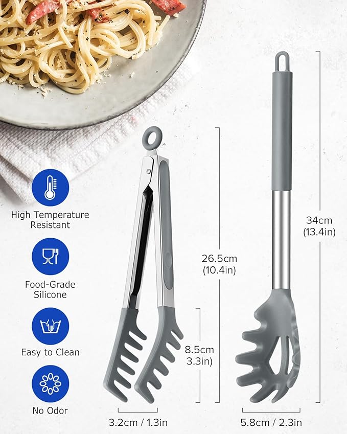 Spaghetti Spoon and Pasta Tong, Non-stick Silicone Spoon Server Fork With Teeth and Stainless Steel Handle, Food Clip for Noodles (Grey)
