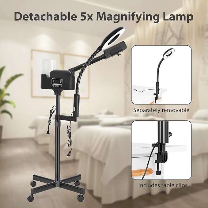 Professional Facial Steamer 2 in1 Steamer for Face 5X LED Magnifying Lamp Facial Steamer for Esthetician Beauty Face Equipment Use at Home or Salon（Black）-BrightBean Baby