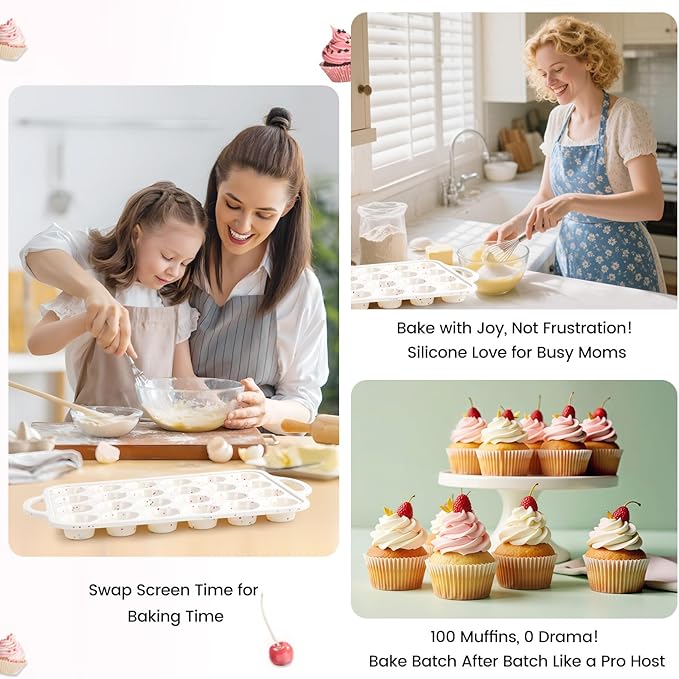 Muffin Pans With Metal Reinforced Frame - 24 Cups Durable Silicone Baking Pan for Muffins, Cupcakes, BPA Free and Dishwasher Safe - Beige with Rainbow Spots, Set of 2