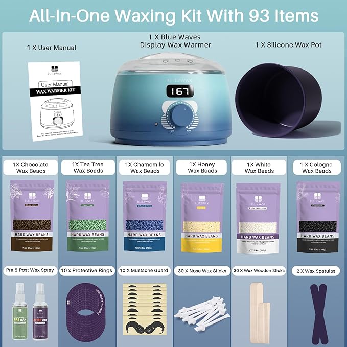 BLITZWAX Back and Nose Waxing Kit for Men, Hard Wax Warmer for Brazilian, Body and Face, At Home Hair Removal Kit, Beginner Friendly, Quick Heating, 93 Accessories, Blue Waves-BrightBean Baby