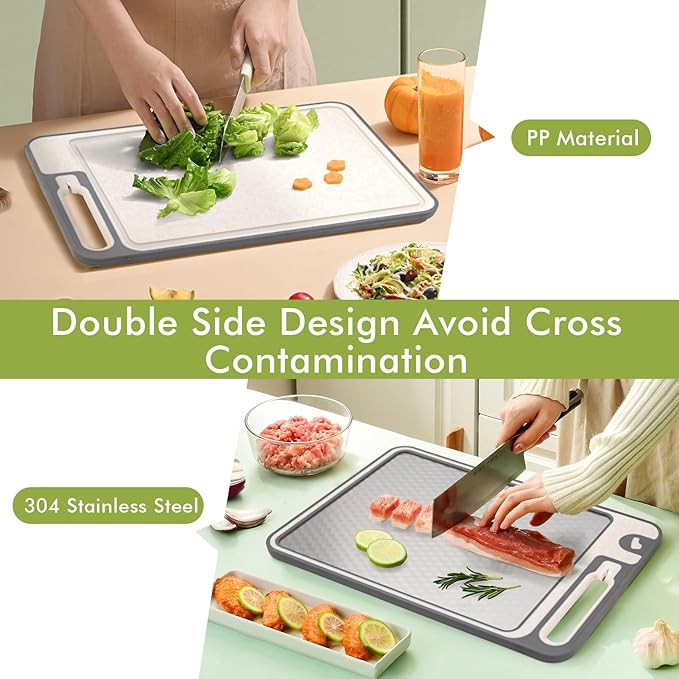 XIAPIA 2-in-1 Cutting Board Set (2 Pack), Stainless Steel & Plastic Cutting Boards for Kitchen, Metal Chopping Board Non Toxic & BPA Free, Built-in Knife Sharpener|Ginger Grater|Measurement Marks