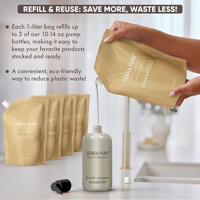Terra Pure Spa Collection 1 Liter Conditioner Refill Bag For Soap Dispensers | Bulk Toiletries for Vacation Rentals, and Home Bathroom Showers | Green Tea Lemongrass | Single-BrightBean Baby