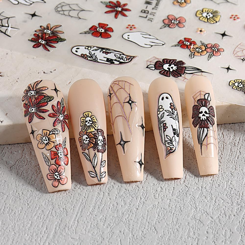 5 Sheets Halloween Nail Art Stickers Horror Ghost Self-Adhesive Embossed Flower Skull Nail Decals - with Cute Sunflower Strawberry Spider Ghost Designs for Women Girls DIY Nail Decoration-BrightBean Baby