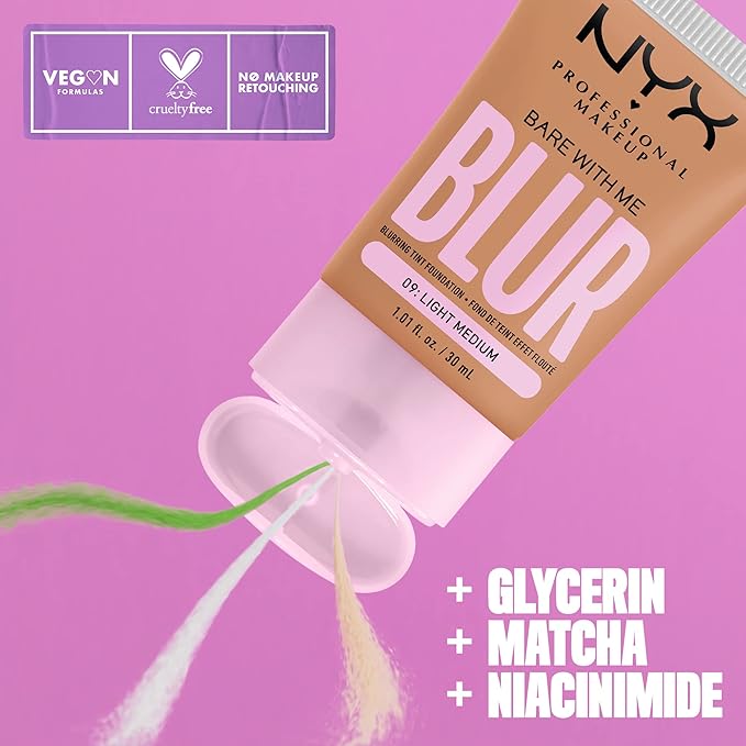 NYX PROFESSIONAL MAKEUP Bare With Me Blur Skin Tint Foundation Make Up with Matcha, Glycerin & Niacinamide - Light Medium-BrightBean Baby