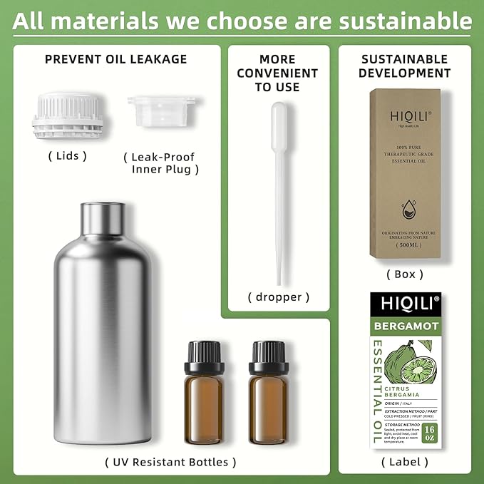 HIQILI Bergamot Essential Oil for Diffuser, Skin, Hair, DIY, 100% Pure & Natural - 16 Fl Oz (500 mL)-BrightBean Baby