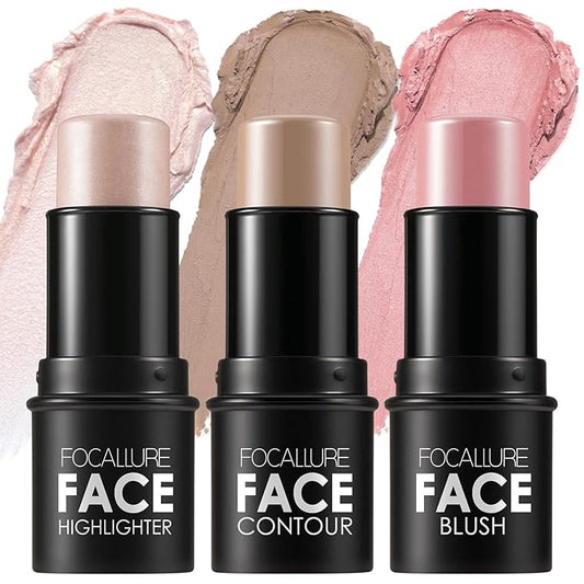 FOCALLURE 3 Pcs Cream Contour Sticks,Shades with Highlighter & Bronzer & Blush,Non-greasy Long-wear Face Contouring Pen,Easy to Sculpt the Face and Create a Lightweight Finishing Makeup,FAIR-BrightBean Baby