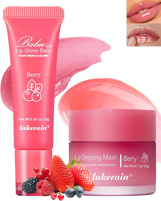 2Pcs Lip Glowy Balm & Lip Sleeping Mask Set,Hydrating Nourishing Repair Sleeping Lip Mask,Glossy Tinted Lip Balm,Day & Night Smooth Cracked Chapped Dry Lip,Lip Care Therapy Treatment for Women-02Berry-BrightBean Baby