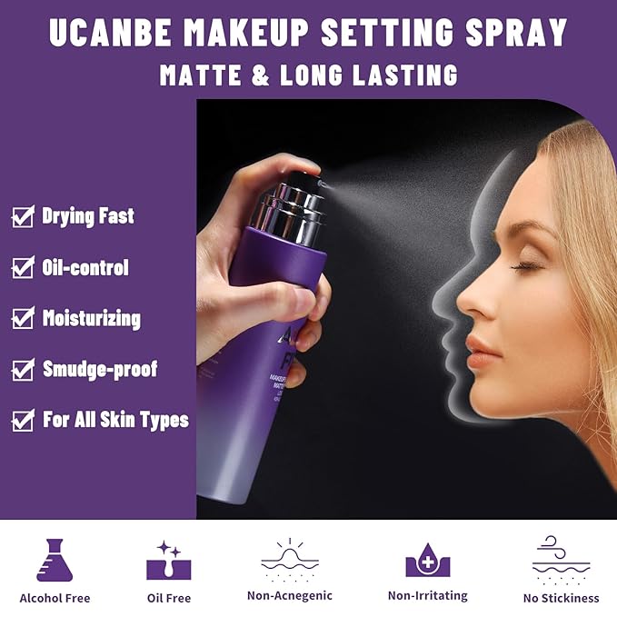 UCANBEMAKUP Long Lasting Makeup Setting Spray Kit- 6.76 Fl oz Hydrating Matte Finish Mist Lightweight Face Make up Fixer +Translucent Loose Setting Powder+2PC Sponge Puff Set-BrightBean Baby