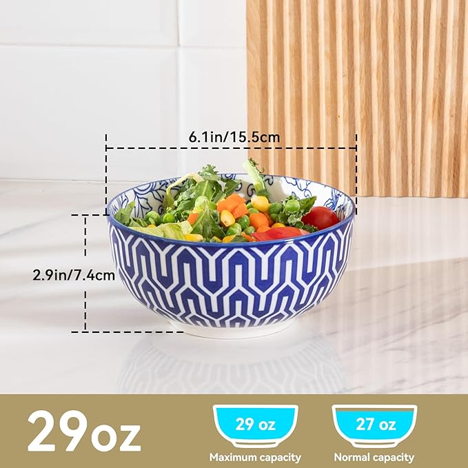 Sweejar Ceramic Cereal Bowls Set, 29 Oz Soup Bowls Microwave & Dishwasher Safe, 6.1 Inch Deep Porcelain Serving Bowls for Kitchen, Fruit, Ramen, Salad, Pasta, Set of 6(Vintage Blue)