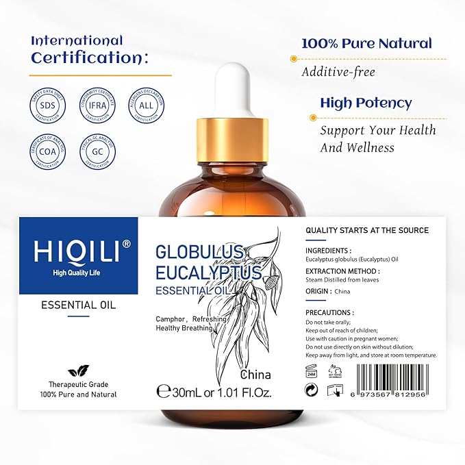 HIQILI Eucalyptus Essential Oil 1 Fl Oz, 100% Pure Natural Therapeutic Grade, Premium Grade Glass Dropper for Diffuser, Humidifier, Air Freshening, Cleaning, Home, Skin-BrightBean Baby
