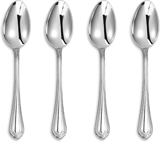 KEAWELL Pearl Edge 4-Piece Premium Spoon Set, 18/10 Stainless Steel, Fine Silverware Spoons with Refined Bead Design, Brightly Polished, Dishwasher Safe (Silver, 6.4" Teaspoons)