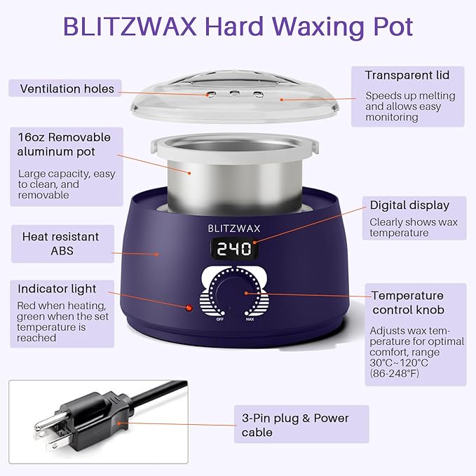 BLITZWAX Single Waxing Pot, Hard Wax Warmer for Face, Legs, Bikini, Brazilian and Body, for 16 oz, At Home Hair Removal Kit, for Men, Beginner Friendly, Quick Heating, Precise Temperature Control-BrightBean Baby