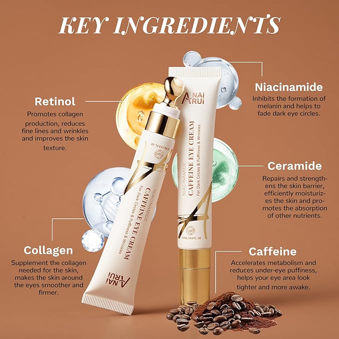 ANAI RUI Caffeine Eye Cream, Niacinamide Eye Cream for Dark Circles and Puffiness, Anti Aging & Friming Eye Cream with Eye Roller, Caffeine Under Eye Cream for Puffy Eyes, Bag Treatment 0.5 FL.OZ-BrightBean Baby