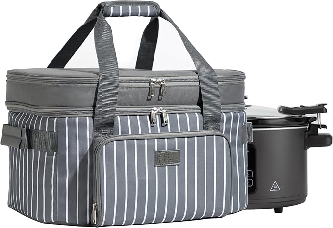 Fun Elements Double Layer Slow Cooker Carrier Bag for 6-8 Quart Oval CrockPot, Insulated Crock Pot Travel Bag with Support Pad and Adjustable Straps, Top Zip Compartment and Front Pocket for Utensils