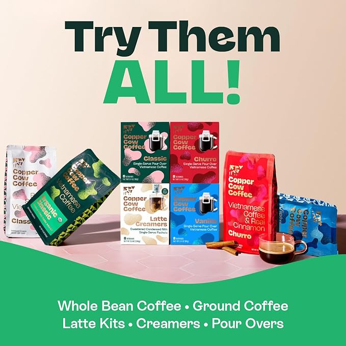 Copper Cow Premium Vietnamese Coffee Variety Pack (15 Coffees & 15 Creamers)| Classic Black, Churro, & Vanilla Latte | Pour Over Single-Serve Lattes, No Refrigeration Needed, Travel Friendly
