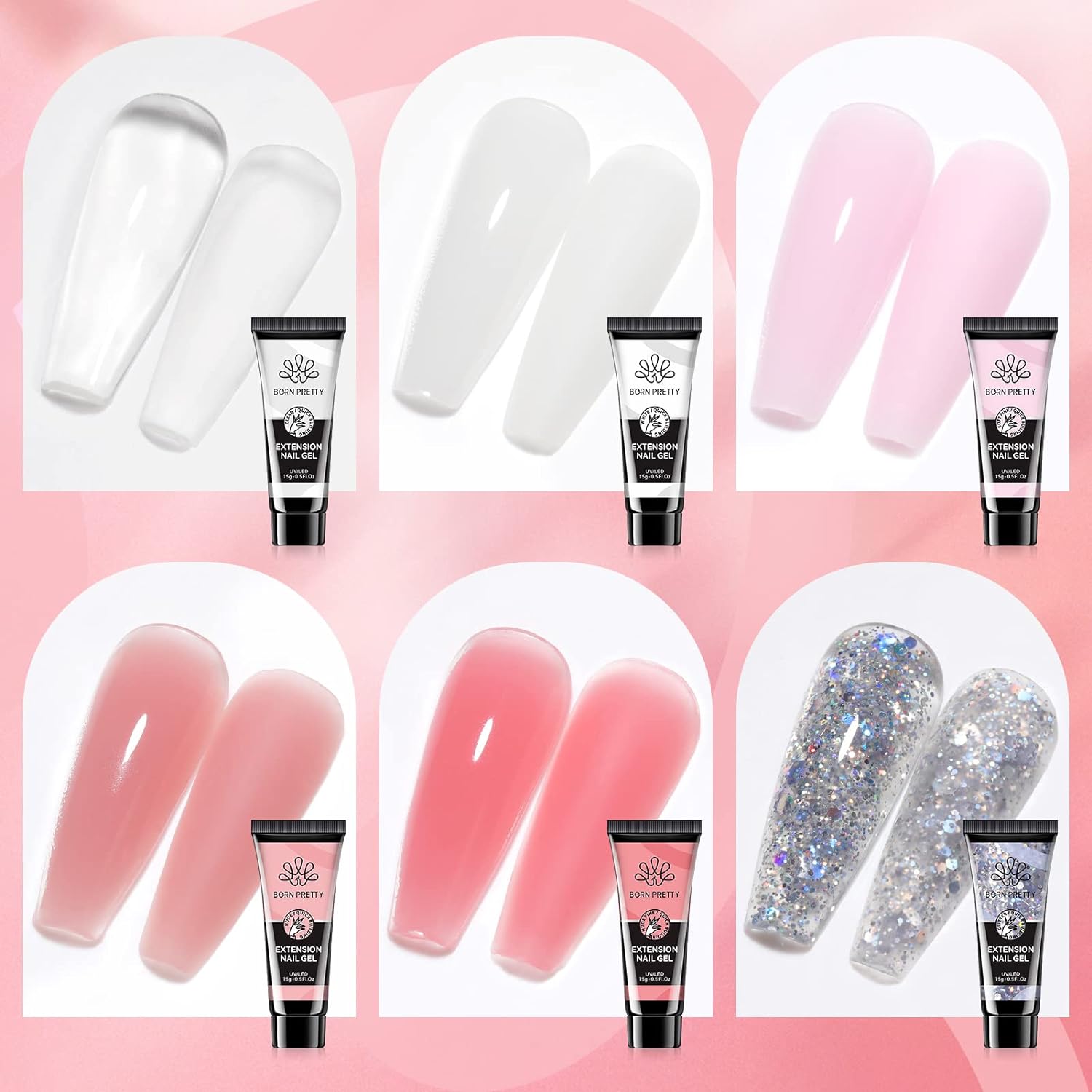 BORN PRETTY Poly Nail Extension Gel Kit-6 Colors Poly Nails Gel Kit Nude Clear Jelly Pink All In One Kit Builder Glue Gel with Nail Lamp Base Top Coat Set Nail Forms French Manicure Set for Beginner Starter DIY at Home Mother's Day Gifts-BrightBean Baby