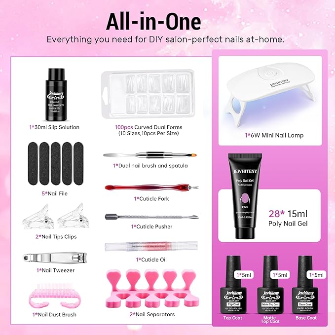 JEWHITENY Poly Gel Nail Kit 28 Colors Nude Gray Glitter with Nail Lamp Base Top Coats Builder Gel All-In-One Set Ideal for Designs DIY At Home Need U V Lamp Curing-BrightBean Baby