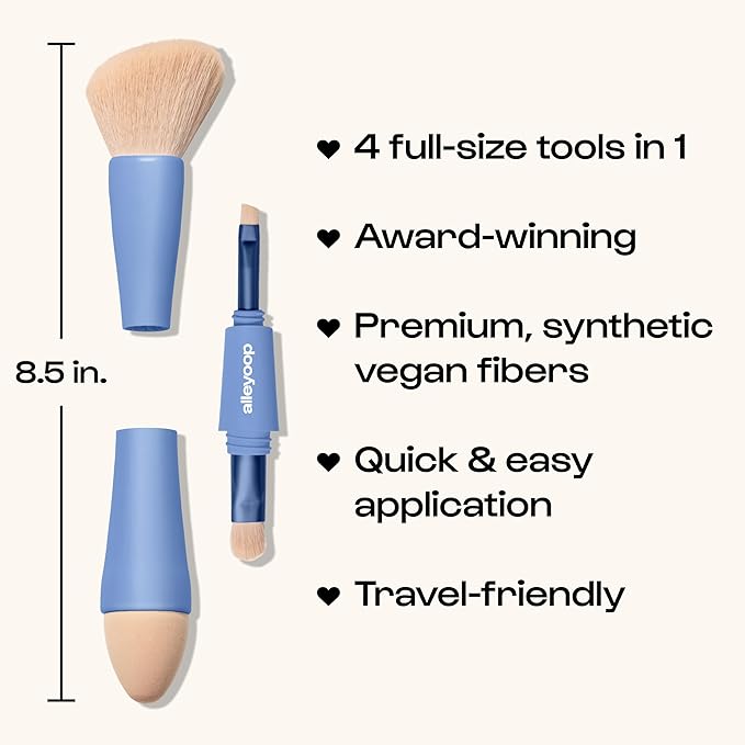 Alleyoop Multi-Tasker 4-in-1 Travel Makeup Brush Set – Compact Makeup Brushes with Blending Sponge, Eyeshadow, Eyebrow & Liner, Blush & Bronzer Brush – Mini Makeup Tools Kit for Women, Vegan-BrightBean Baby