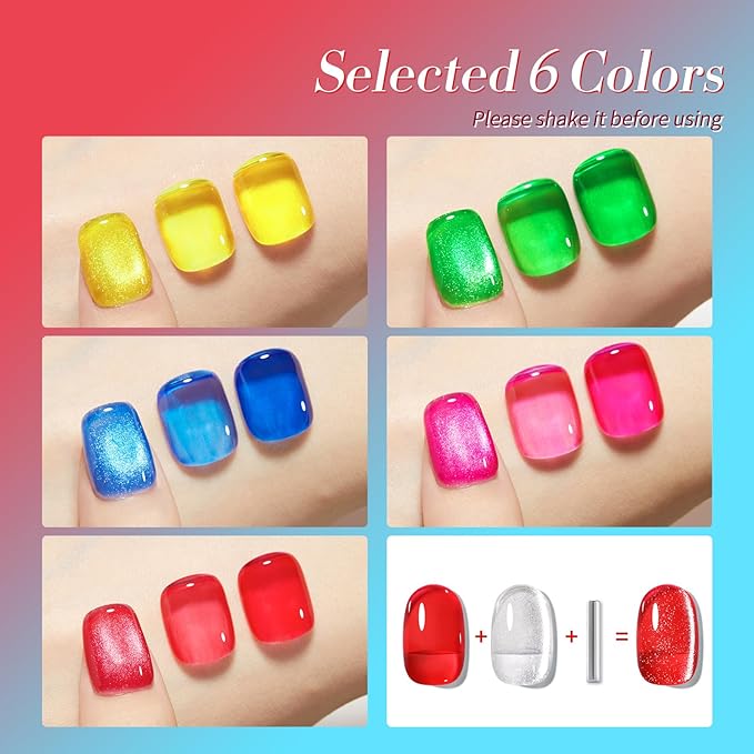 Born Pretty Neon Jelly Gel Nail Polish Glass Crystal Spring Summer Transparent Ice Jelly Gel Polish with Silver Holographic Glitter Cat Magnetic Eye Gel Polish Collection Minicure DIY Gifts 6PCS-BrightBean Baby