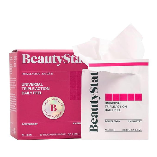 BeautyStat Triple Action One-Step Daily Exfoliating Peel Pad for Uneven Tone, Texture, Fine Lines, Enlarged Pores - Made in the USA - Gentle Exfoliator Pad with AHAs, BHAs, Glucosamine to Brighten-BrightBean Baby