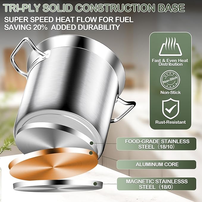 Stainless Steel Stockpot with Lid, 75QT Large Stock Pot Heavy Duty Tri-Ply Bottom Commercial Grade Stock Pot & Stockpots for Boiling Cooking Soup Stew Canning Cookware Sauce Cooking Pots