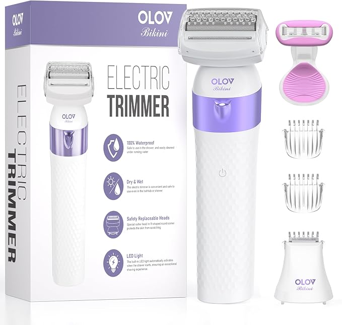 Bikini Trimmer for Women, IPX7 Waterproof Wet & Dry Electric Razors for Women, Bikini Legs Underarm Pubic Hairs Rechargeable Electric Shaver with 2 Trimmer Heads and Travel Razors-BrightBean Baby