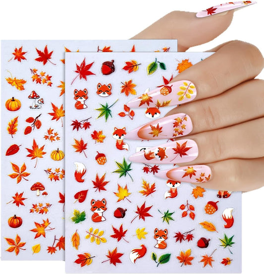 Fall Nail Art Stickers - 5D Miniature Sculpture Fall Pumpkin Nail Decals - 2PCS Manicure Maple Leaves Squirrel Mushroom Nail Art Supplies Autumn Acrylic Nail Art Decoration for Women-BrightBean Baby