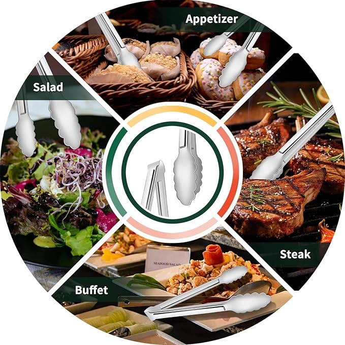 4 Pack Serving Tongs for Buffet,Metal Kitchen Tongs,Stainless Steel Food Tongs, Small Tongs for serving, Silver (7IN)