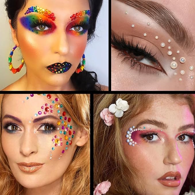 Flat Back Rhinestone+Half Round Pearl Kits Colorful Rhinestones+White AB&Beige AB Pearls With Quick Dry Makeup Glue+Picker Pencil+Tweezer For Nail Art And Face Make-up-BrightBean Baby