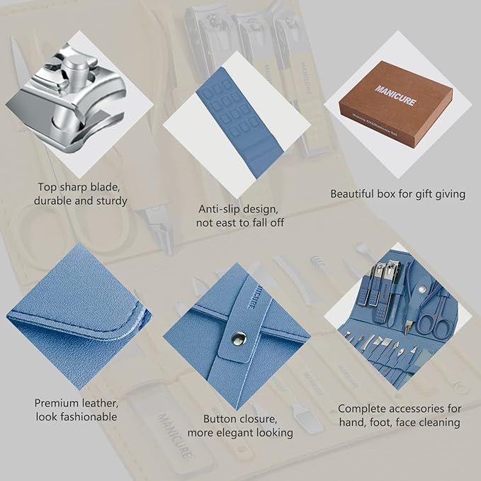 Manicure Set Professional Nail Clippers Pedicure Kit, 16 pcs Stainless Steel Nail Care Tools Grooming Kit with Luxurious Travel Leather Case for Thick Nails Men Women Gift (Blue)-BrightBean Baby