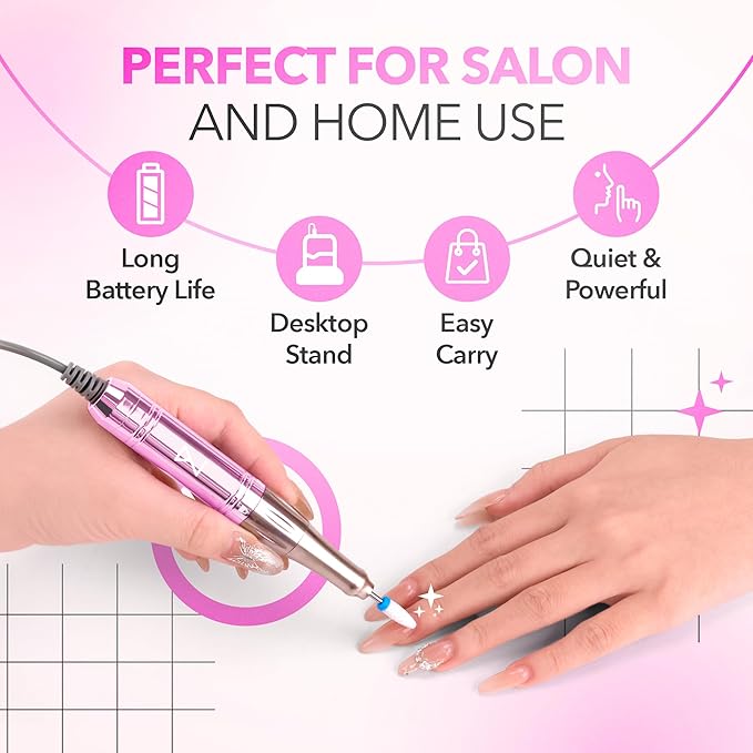 M Mase- Professional Nail Drill Machine - Coreless 2-in-1 Nail File - Electric, Cordless, 35000 RPM, HD Display - Electric Nail Drill for Professional & Home Use (Unicorn Pink)-BrightBean Baby