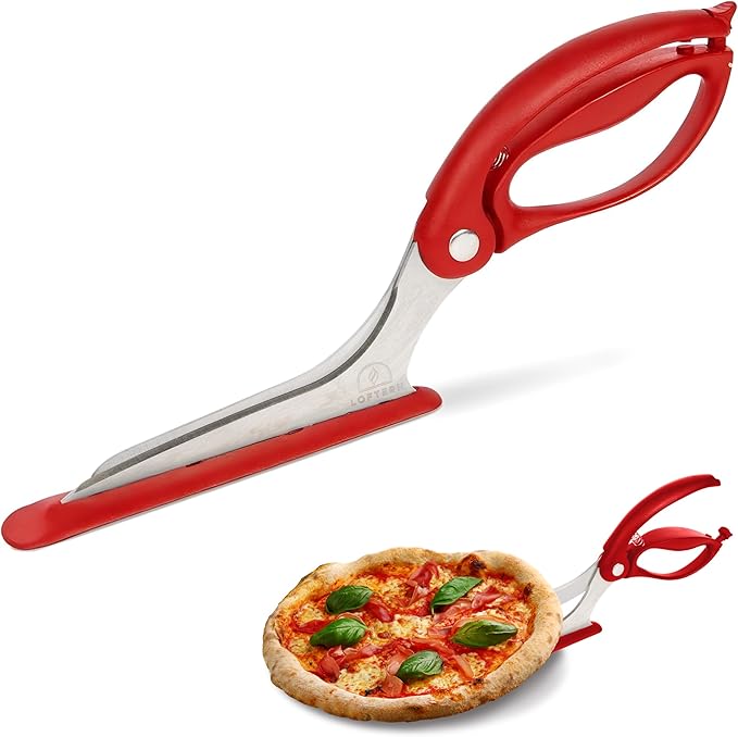 Loftern Red Pizza Scissors - Non-Stick Pizza Scissors with Firm Grip Base - Food Grade Stainless Steel Pizza Cutter - 5-in-1 Food Slicer & Pizza Server - Durable, Safe & Mess Free