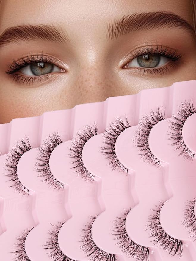 Cat Eyelashes Natural Eye Lashes 12mm False Lashes Wispy Thin Band 3D Volume Fake Eyelash C Curl Lash Pack Natural Look 7 Pair-BrightBean Baby