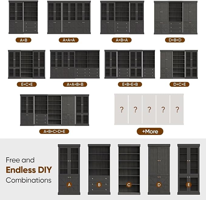 70.8" Tall Bookshelf with Doors, Farmhouse Modular Bookcase with 4-Tier Adjustable Shelves, Large Storage Cabinet for Home Office, Living Room, Black