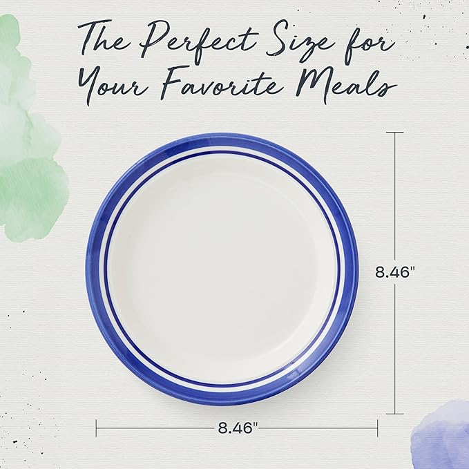 Portmeirion Potter's Stripe Salad Plate (Set of 4) - 8" Earthenware Plates with Classic Striped Rim - Microwave, Dishwasher, Freezer, Oven Safe - Ideal Modern Dinnerware Set (Blue Stripe)