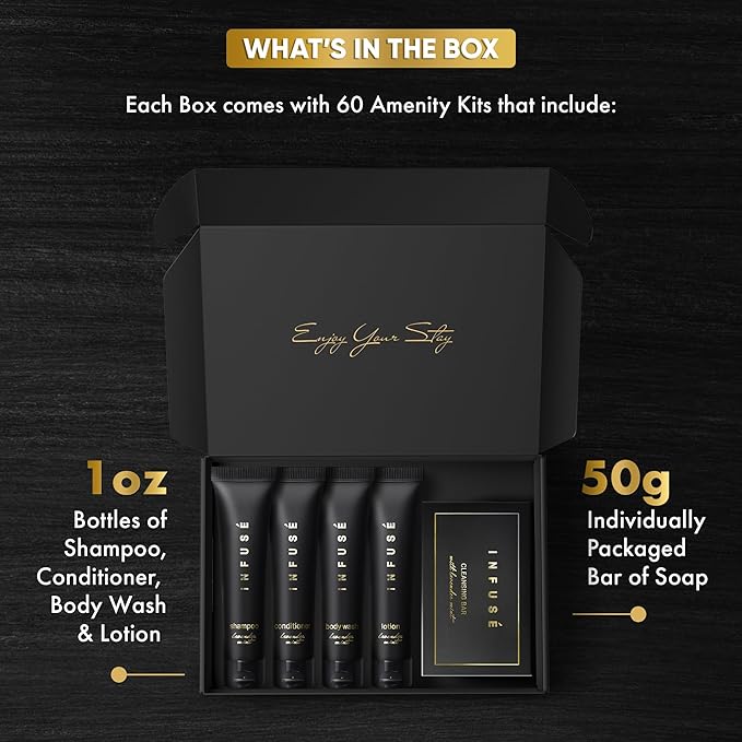 Infuse Black Amenity Kit | Boxed Hotel Toiletries | Bulk Set 1 oz Travel Size Shampoo, Conditioner, Lotion, Body Wash & Cleansing Bar for Guest Hospitality AirBnB/Vacation Rentals | 300 Pieces-BrightBean Baby