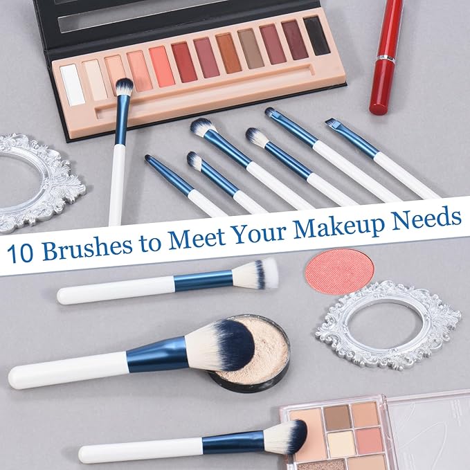 Makeup Brushes Set With Case 10Pcs White Makeup Brush Kit Foundation Eyeshadow Powder Blending Kabuki Eyebrow Eyelash Brushes Cosmetic Brush Travel Kit Gift (White+Blue)-BrightBean Baby