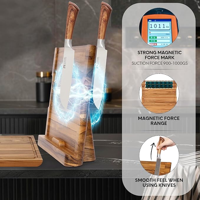 2 - in - 1 Magnetic Knife Block Holder with 16"x11" Teak Cutting Board, Crafted from Premium Natural Teak Wood,Juice Grooves, Kitchen Organizer for Home Chefs