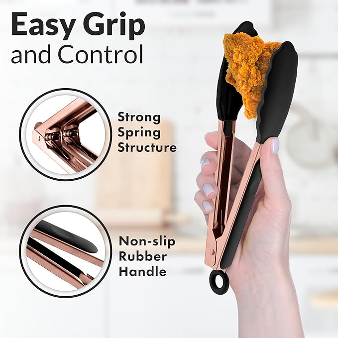 Zulay Stainless Steel Kitchen Tongs with Silicone Tips - Set of 2 (9” & 12”) Locking Cooking Tongs with Non-Slip Grip - Heat Resistant, BBQ Food Tongs for Non-Stick Cooking Pans (Rose Gold/Black)
