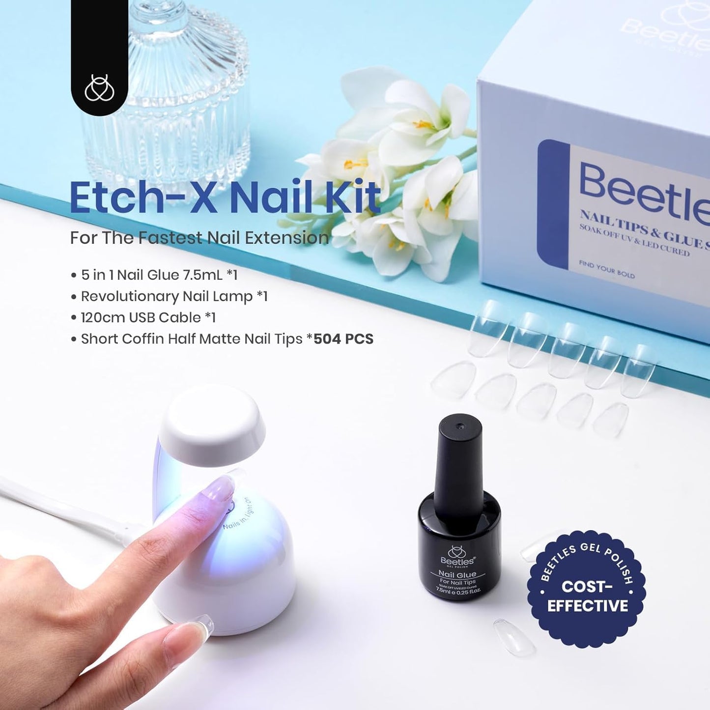 Beetles Gel Nail Kit Coffin: 504Pcs False Nail Tips Easy Nail Extension Set Short Coffin Shape 5 In 1 Nail Glue Uv Led Lamp Acrylic Gel Nail Kit DIY Nails Art Gifts for Women-BrightBean Baby