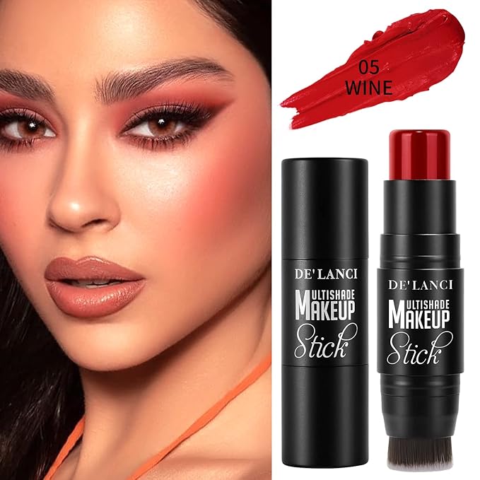 Matte Blush Stick with Built in Brush for Cheeks Summer,Ultra Pigmented Color Pop Makeup Dark Red Blush for Cheeks/Lip/Eyes,DE’LANCI Makeup Gifts for Women/Girl,Travel Size Cute Blush,Cruelty-Free #5-BrightBean Baby