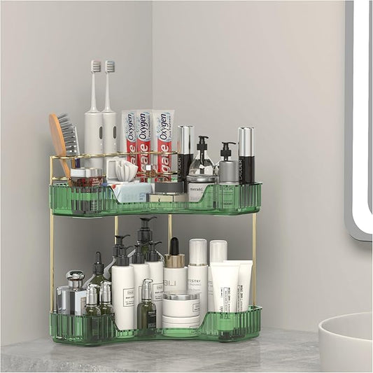 2 Tier Corner Bathroom Organizer Countertop, Vanity Makeup Organizer with Brush Holder, Space-Saving Skincare Storage Corner Shelf for Bathroom, Dressing Table, Kitchen-BrightBean Baby